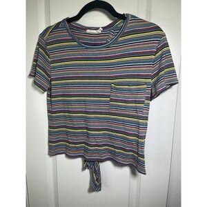 Lush Rainbow Striped Top Back Knot Size Small Short Sleeve Front‎ Pocket